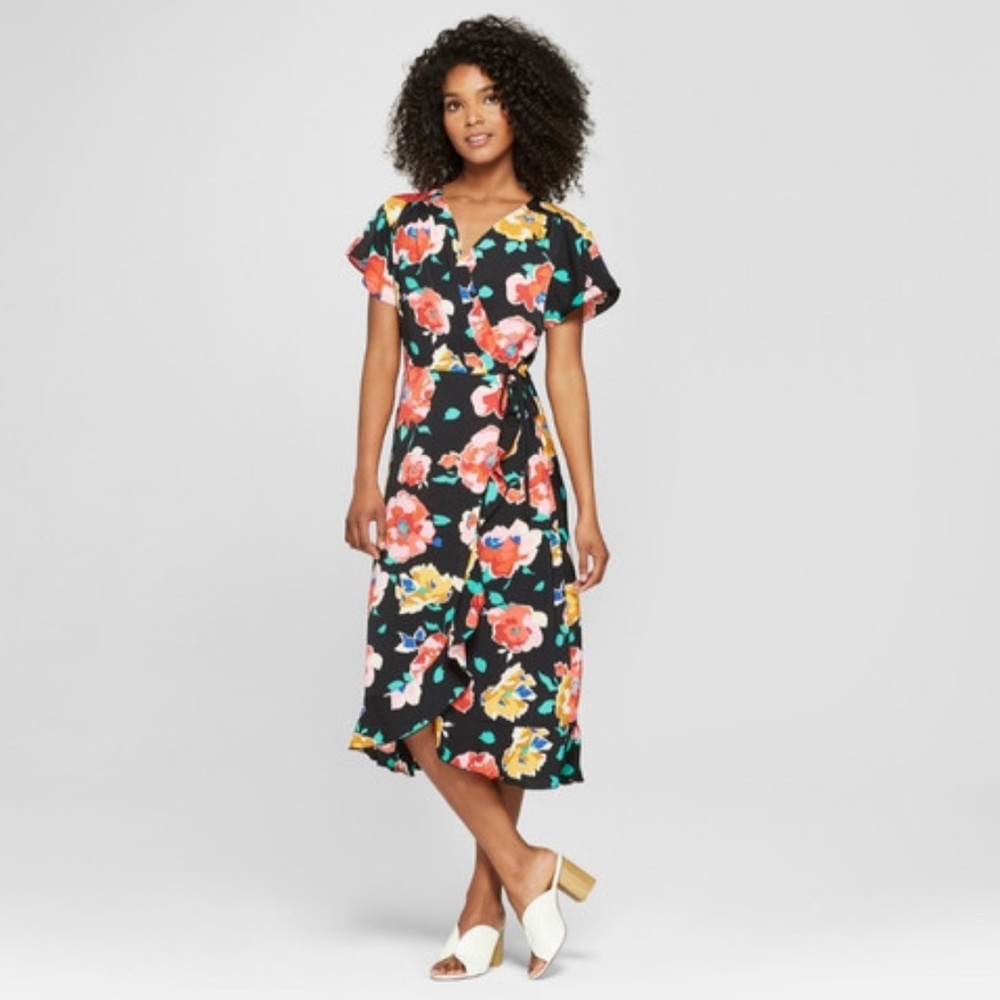 Who What Wear Floral Midi Wrap Dress Ruffle Hem size Small
